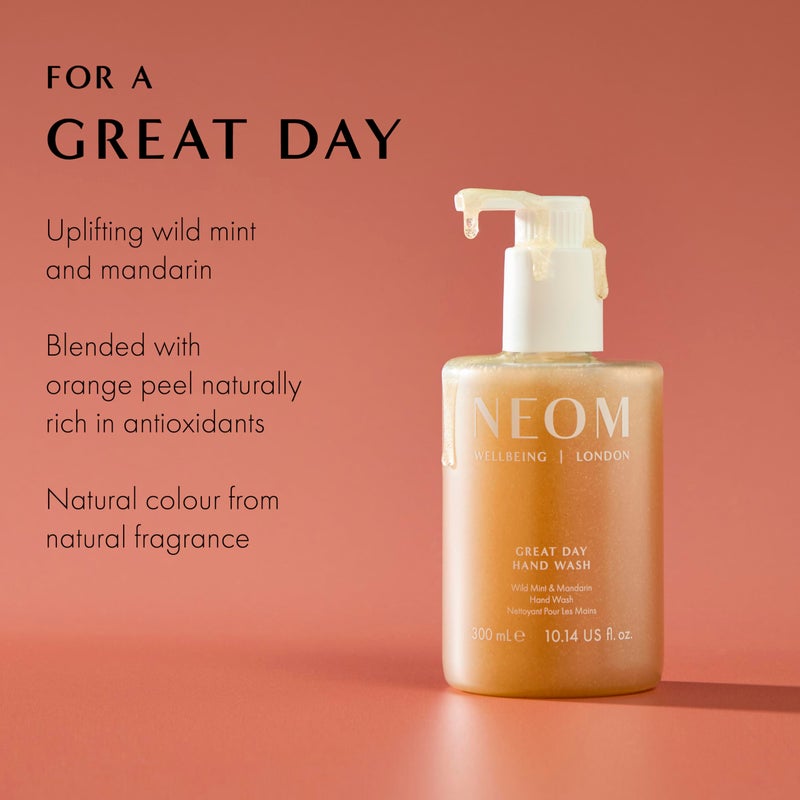 Neom Great Day Exfoliating Hand Wash, 300ml IWild mint and mandarin I Blended with orange peel to exfoliate I 100% Recyclable Bottle I Refillable - Image 3